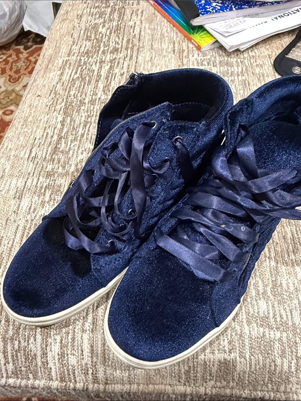 Girls Navy Velvet High-Top Sneakers